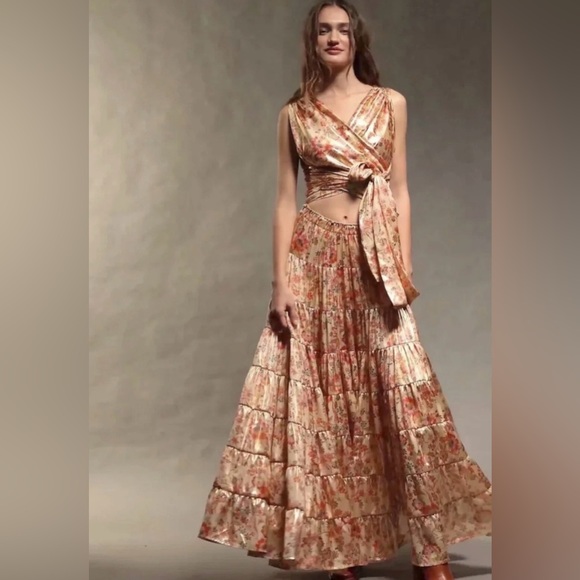 Free People Something Magical Maxi metallic floral bronze wrap top dress - Picture 4 of 12